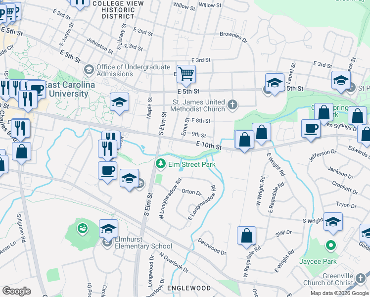 map of restaurants, bars, coffee shops, grocery stores, and more near 1110 East 10th Street in Greenville