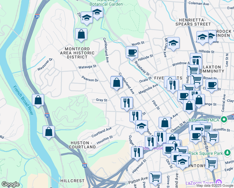 map of restaurants, bars, coffee shops, grocery stores, and more near Montford Avenue in Asheville