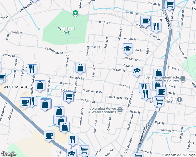 map of restaurants, bars, coffee shops, grocery stores, and more near 408 Hatcher Lane in Columbia