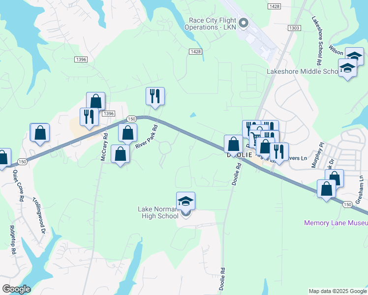 map of restaurants, bars, coffee shops, grocery stores, and more near 115 Barington Drive in Mooresville