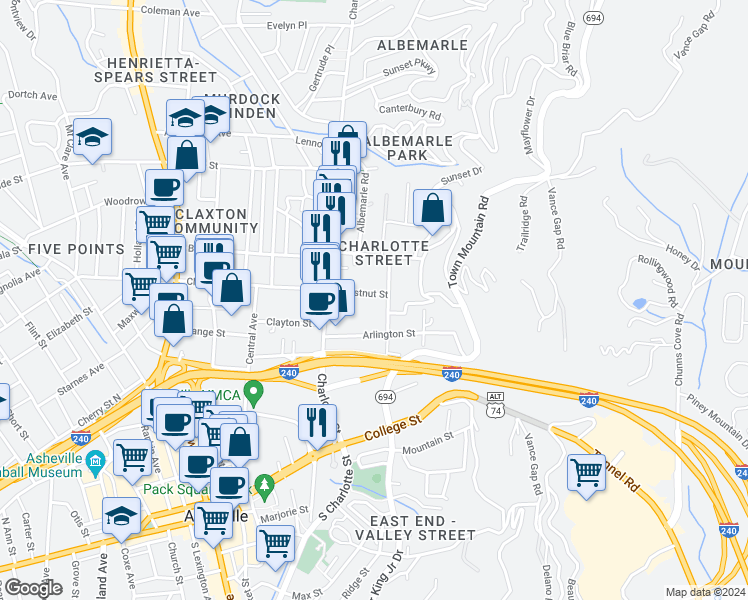 map of restaurants, bars, coffee shops, grocery stores, and more near 289 East Chestnut Street in Asheville