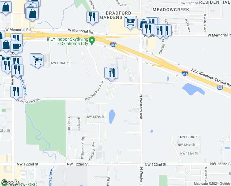map of restaurants, bars, coffee shops, grocery stores, and more near 13313 Pawnee Drive in Edmond