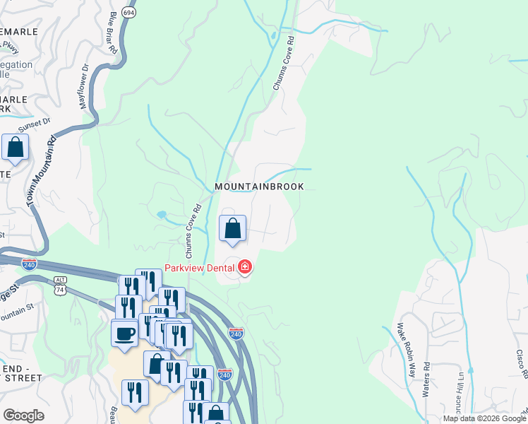 map of restaurants, bars, coffee shops, grocery stores, and more near 16 Rolling View Drive in Asheville