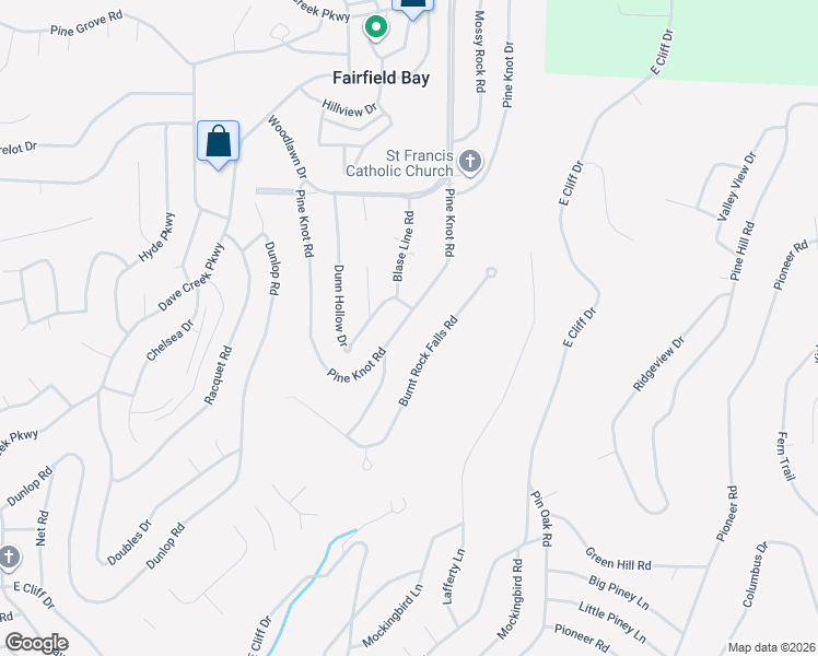 map of restaurants, bars, coffee shops, grocery stores, and more near 186 Pine Knot Road in Fairfield Bay