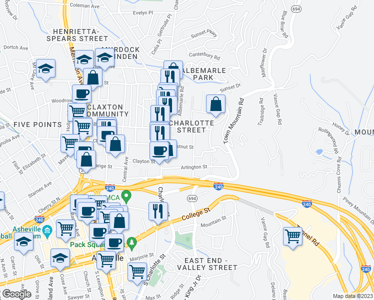 map of restaurants, bars, coffee shops, grocery stores, and more near 295 East Chestnut Street in Asheville