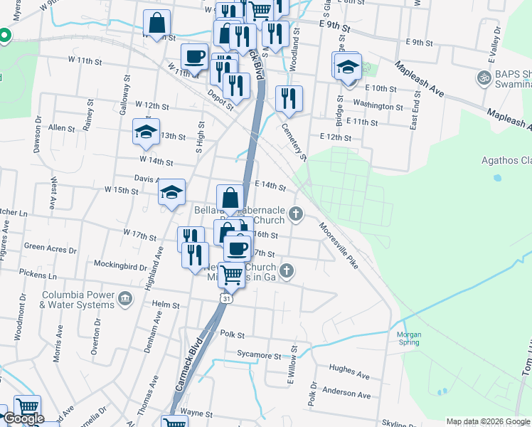 map of restaurants, bars, coffee shops, grocery stores, and more near 204 East 15th Street in Columbia