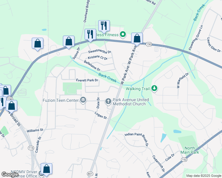 map of restaurants, bars, coffee shops, grocery stores, and more near 135 Devon Forest Drive in Mooresville