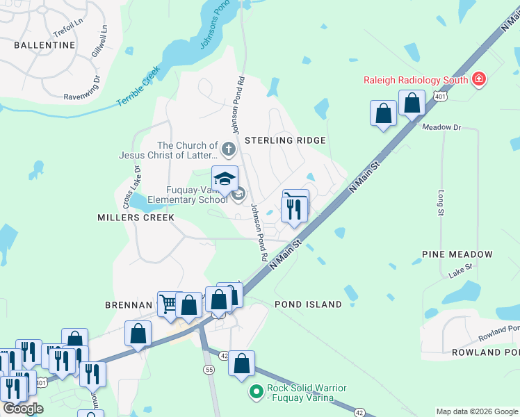 map of restaurants, bars, coffee shops, grocery stores, and more near 1910 Sterling Hill Drive in Fuquay-Varina