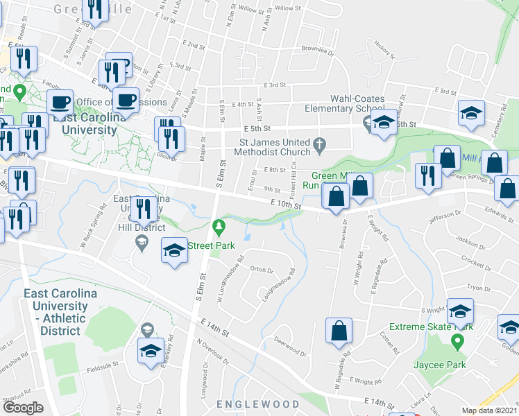 map of restaurants, bars, coffee shops, grocery stores, and more near 1114 East 10th Street in Greenville