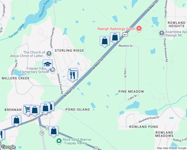 map of restaurants, bars, coffee shops, grocery stores, and more near 2028 North Main Street in Fuquay-Varina