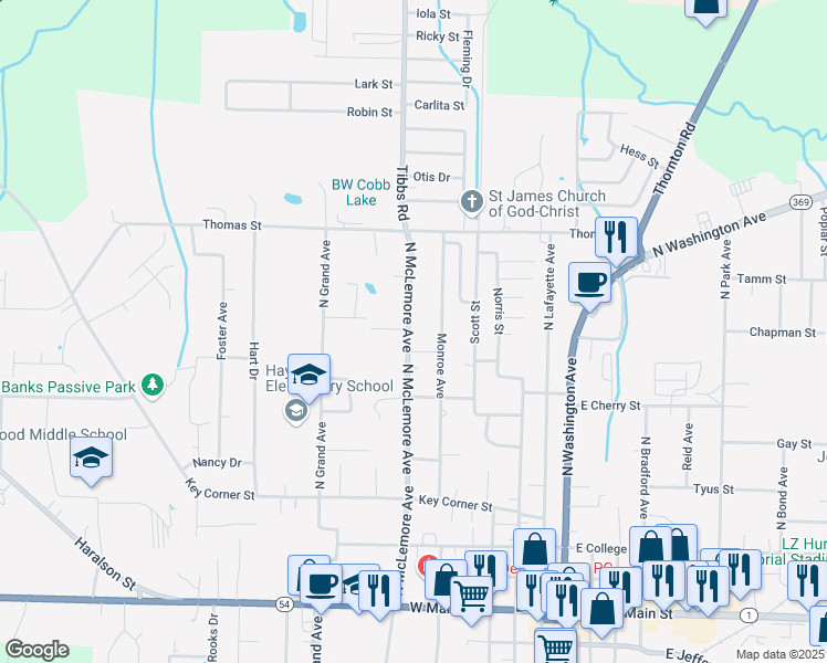 map of restaurants, bars, coffee shops, grocery stores, and more near 926 North McLemore Avenue in Brownsville