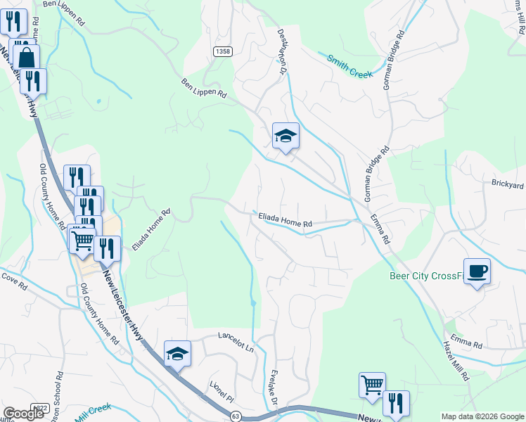 map of restaurants, bars, coffee shops, grocery stores, and more near 495 Eliada Home Rd in Asheville