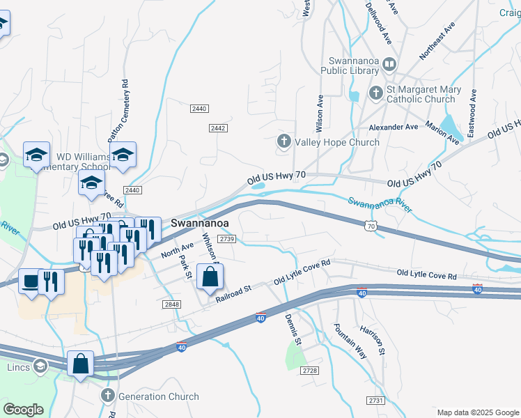 map of restaurants, bars, coffee shops, grocery stores, and more near 147 Edwards Avenue in Swannanoa
