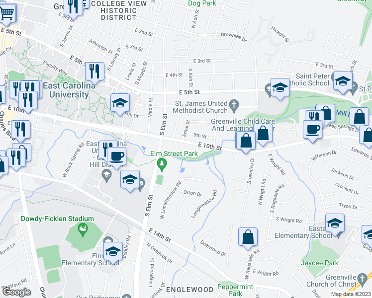 map of restaurants, bars, coffee shops, grocery stores, and more near 1110 East 10th Street in Greenville