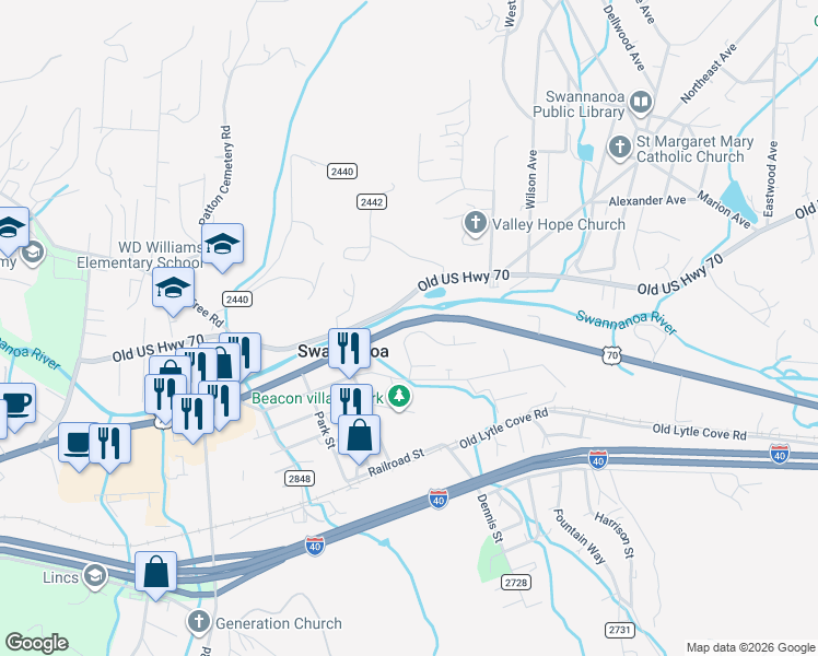 map of restaurants, bars, coffee shops, grocery stores, and more near 122 Edwards Avenue in Swannanoa