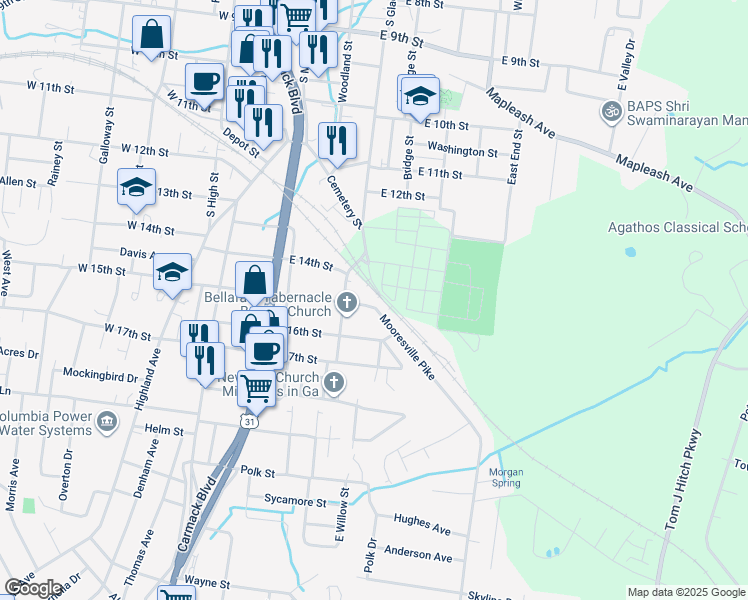 map of restaurants, bars, coffee shops, grocery stores, and more near 313 East 15th Street in Columbia