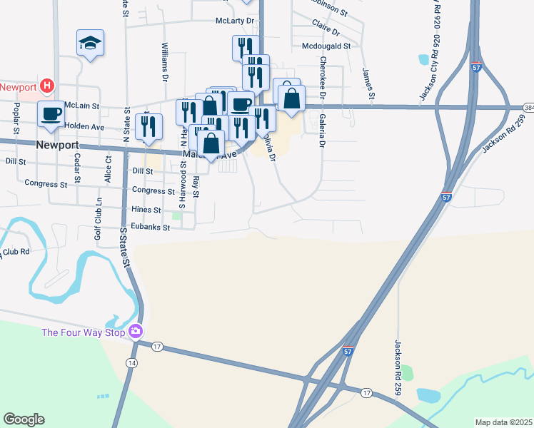 map of restaurants, bars, coffee shops, grocery stores, and more near 2104 Galeria Drive in Newport
