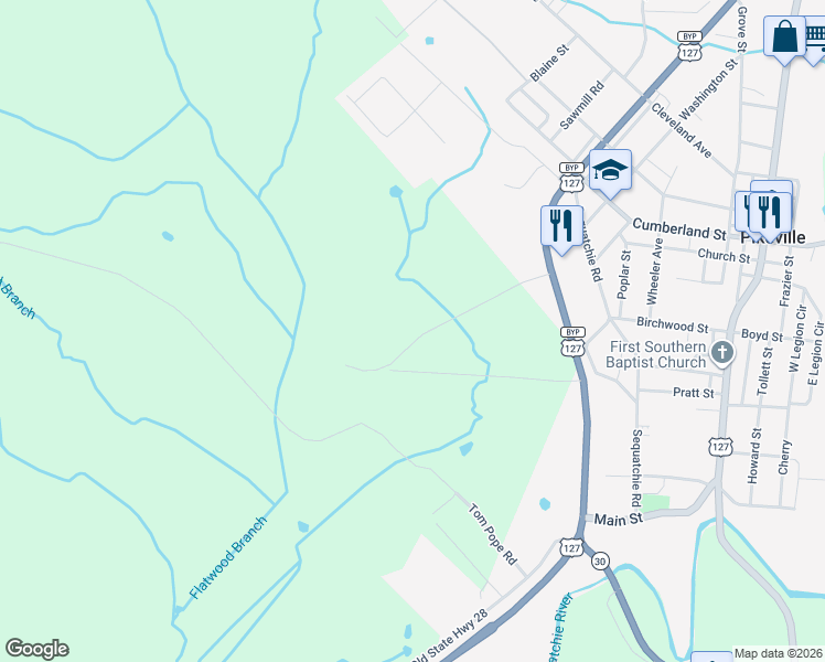 map of restaurants, bars, coffee shops, grocery stores, and more near Tom Pope Road in Pikeville