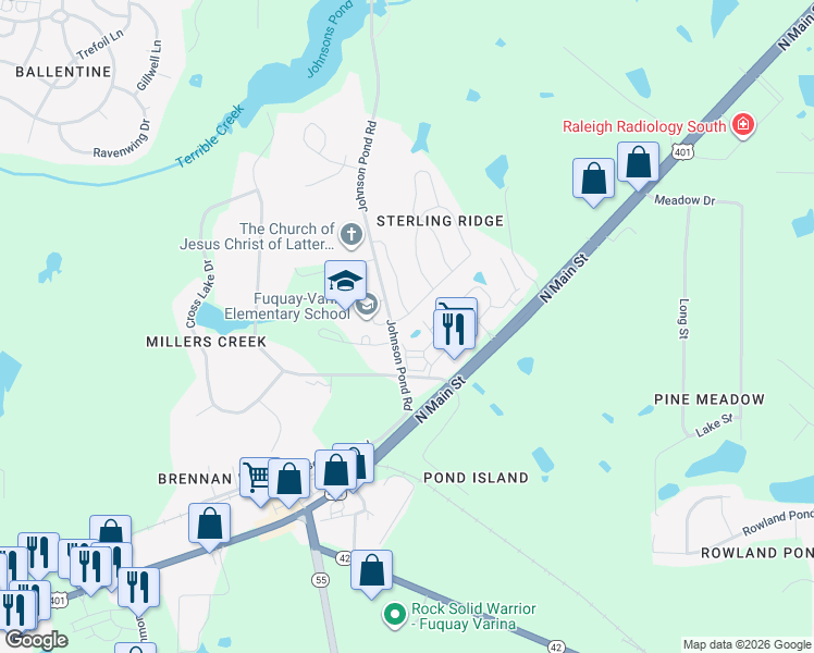 map of restaurants, bars, coffee shops, grocery stores, and more near 1910 Sterling Hill Drive in Fuquay-Varina