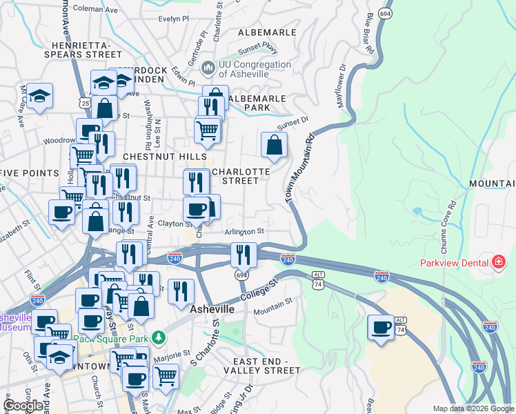 map of restaurants, bars, coffee shops, grocery stores, and more near 4 Oak Park Road in Asheville