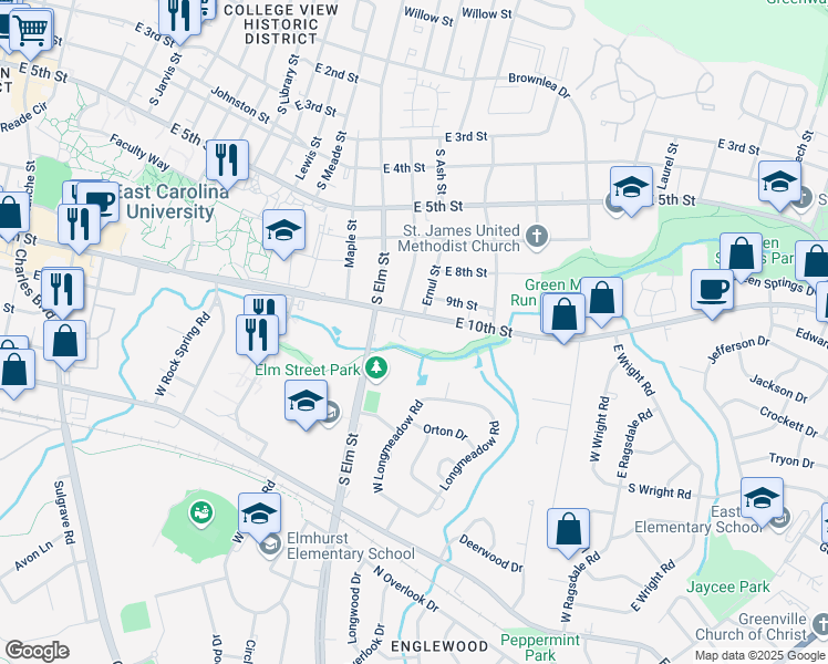 map of restaurants, bars, coffee shops, grocery stores, and more near 1108 East 10th Street in Greenville