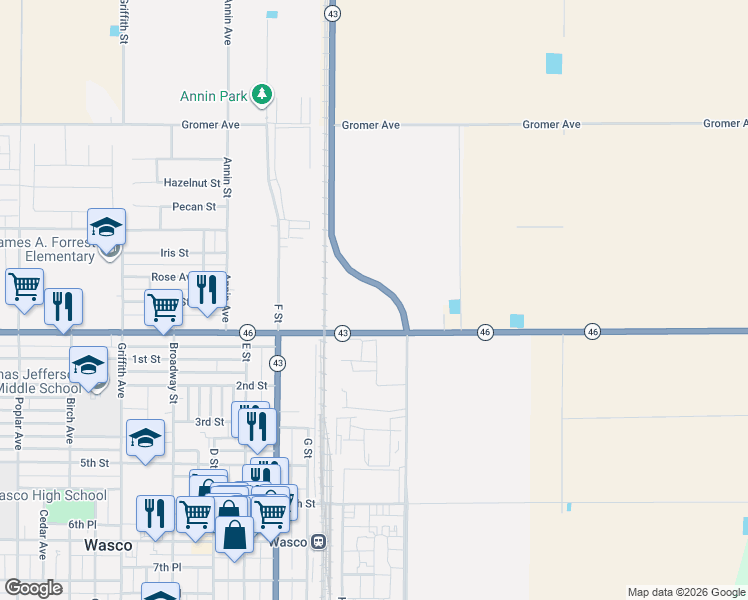map of restaurants, bars, coffee shops, grocery stores, and more near 15075 Central Valley Highway in Wasco