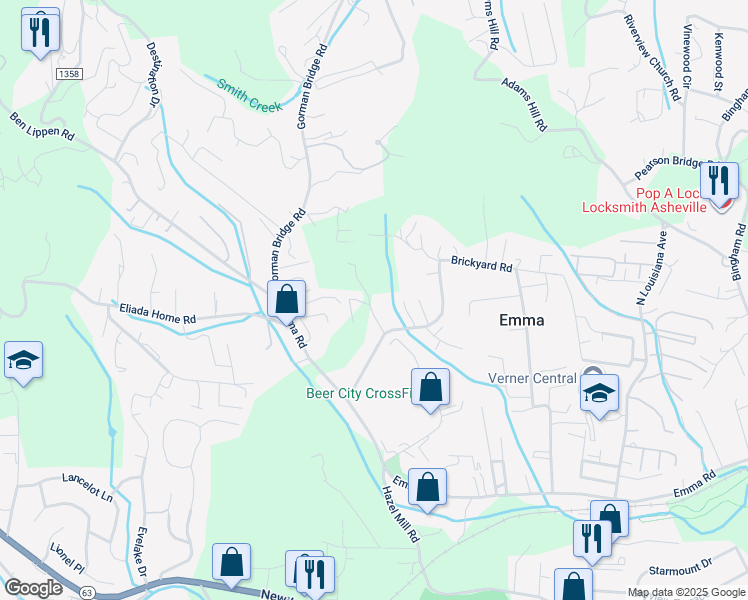 map of restaurants, bars, coffee shops, grocery stores, and more near 17 Sun Ridge Rd in Asheville