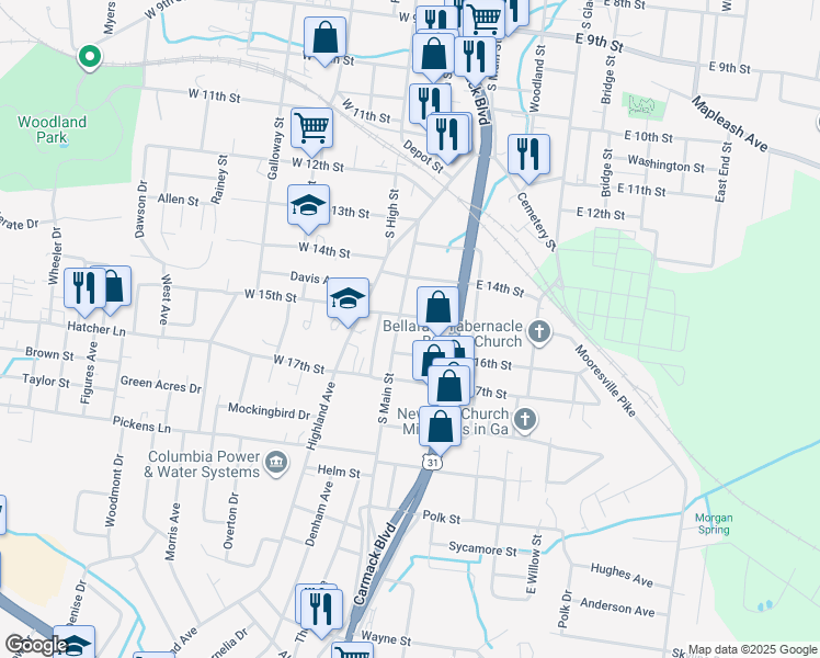 map of restaurants, bars, coffee shops, grocery stores, and more near 104 East 15th Street in Columbia
