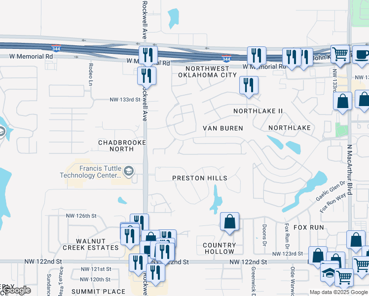 map of restaurants, bars, coffee shops, grocery stores, and more near 13104 Timbercrest in Oklahoma City