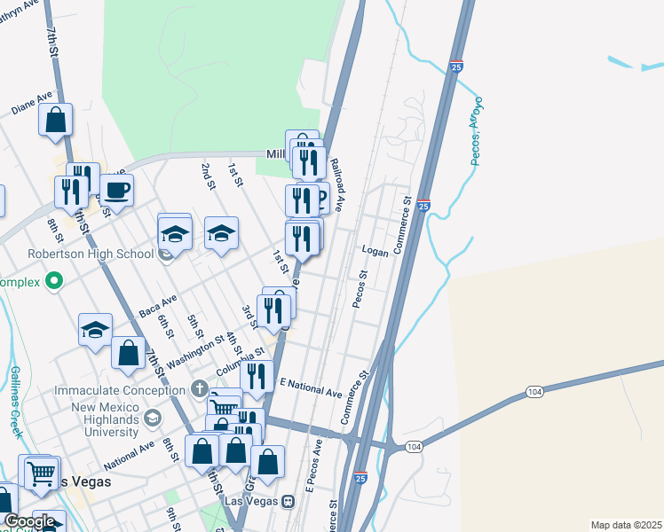 map of restaurants, bars, coffee shops, grocery stores, and more near 1036 Railroad Avenue in Las Vegas