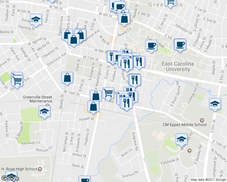 map of restaurants, bars, coffee shops, grocery stores, and more near 1212 Cotanche Street in Greenville