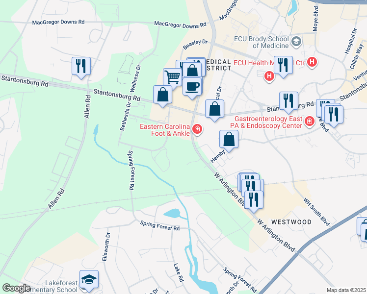 map of restaurants, bars, coffee shops, grocery stores, and more near in Greenville