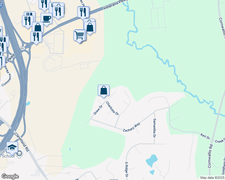 map of restaurants, bars, coffee shops, grocery stores, and more near 1047 Drew Drive in Garner