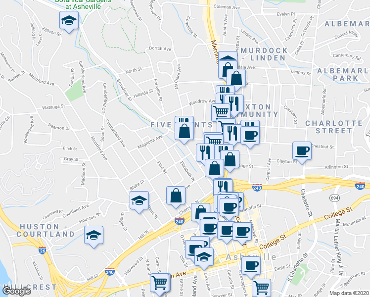 map of restaurants, bars, coffee shops, grocery stores, and more near 251 Broadway Street in Asheville