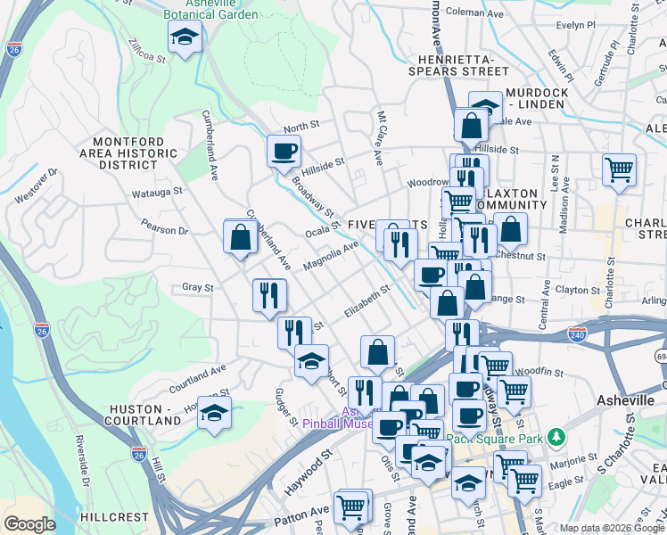 map of restaurants, bars, coffee shops, grocery stores, and more near 179 Flint Street in Asheville