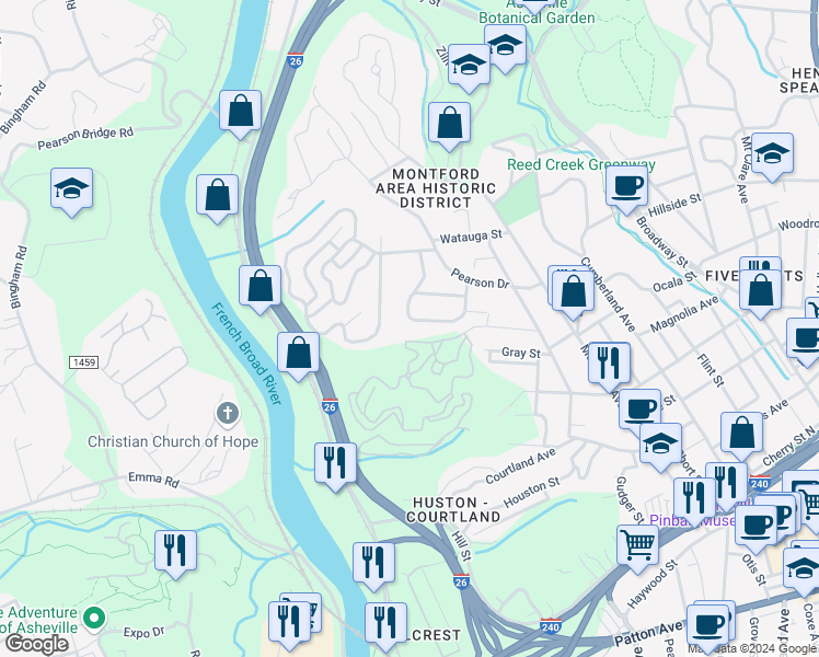 map of restaurants, bars, coffee shops, grocery stores, and more near 46 Rosewood Avenue in Asheville