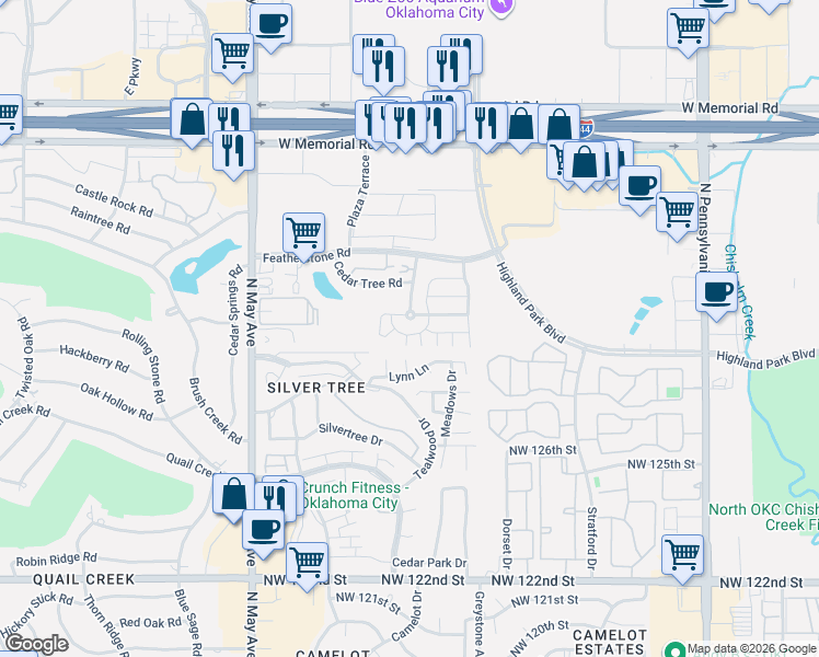 map of restaurants, bars, coffee shops, grocery stores, and more near 12920 Sue Court in Oklahoma City