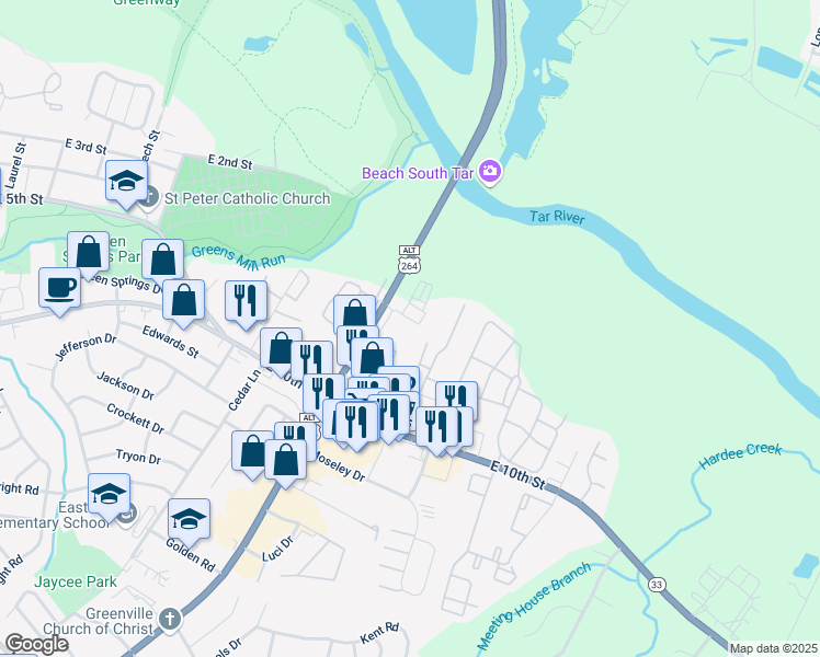 map of restaurants, bars, coffee shops, grocery stores, and more near 2310 Greenville Boulevard Northeast in Greenville