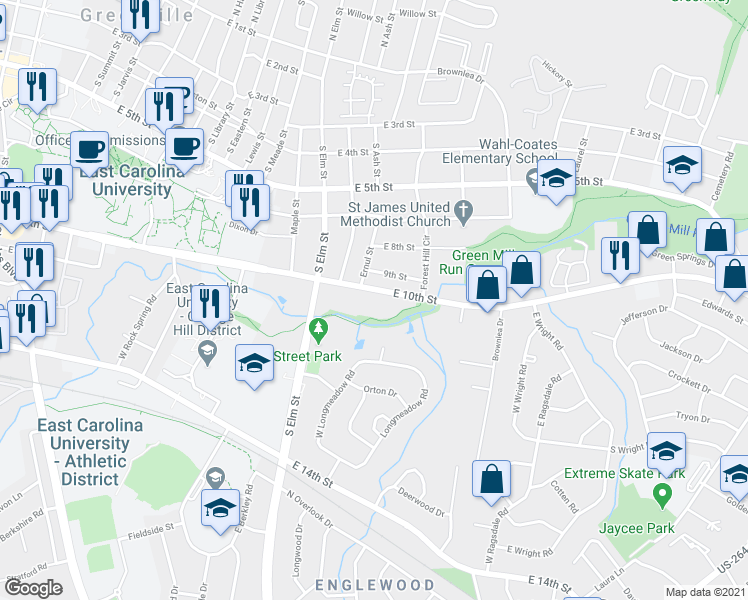 map of restaurants, bars, coffee shops, grocery stores, and more near 1112 East 10th Street in Greenville