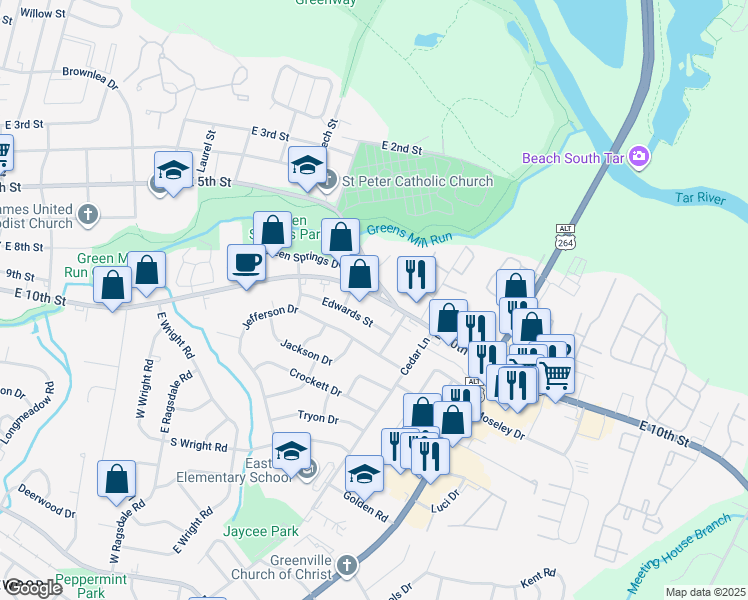 map of restaurants, bars, coffee shops, grocery stores, and more near 2810 East 10th Street in Greenville