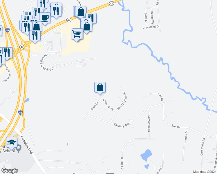 map of restaurants, bars, coffee shops, grocery stores, and more near 1047 Drew Drive in Garner