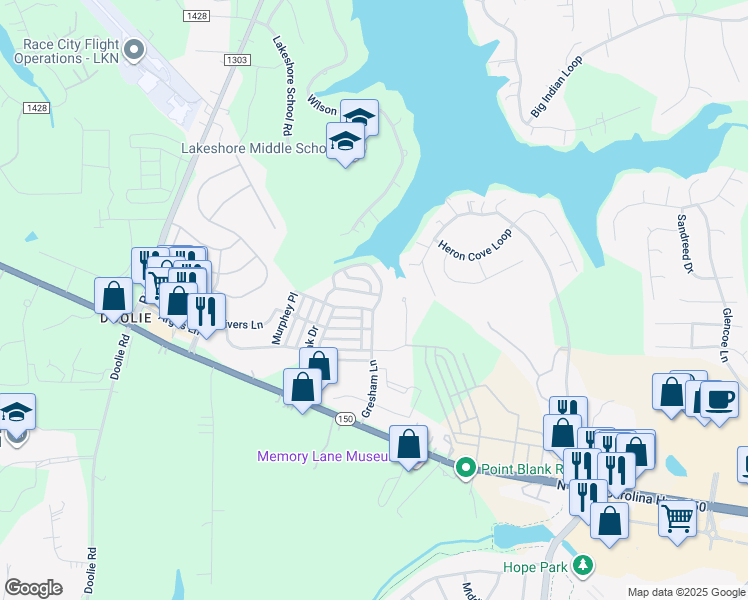 map of restaurants, bars, coffee shops, grocery stores, and more near 204 Water Oak Drive in Mooresville