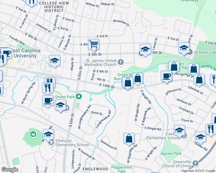 map of restaurants, bars, coffee shops, grocery stores, and more near 1303 East 10th Street in Greenville