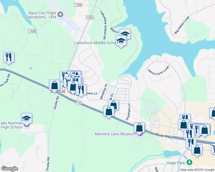 map of restaurants, bars, coffee shops, grocery stores, and more near 137 Kensington Street in Mooresville