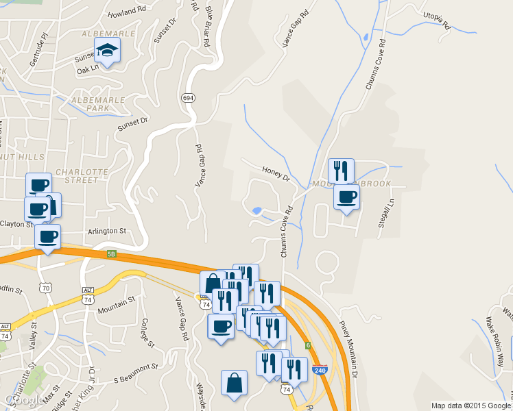 map of restaurants, bars, coffee shops, grocery stores, and more near 5 Rollingwood Road in Asheville