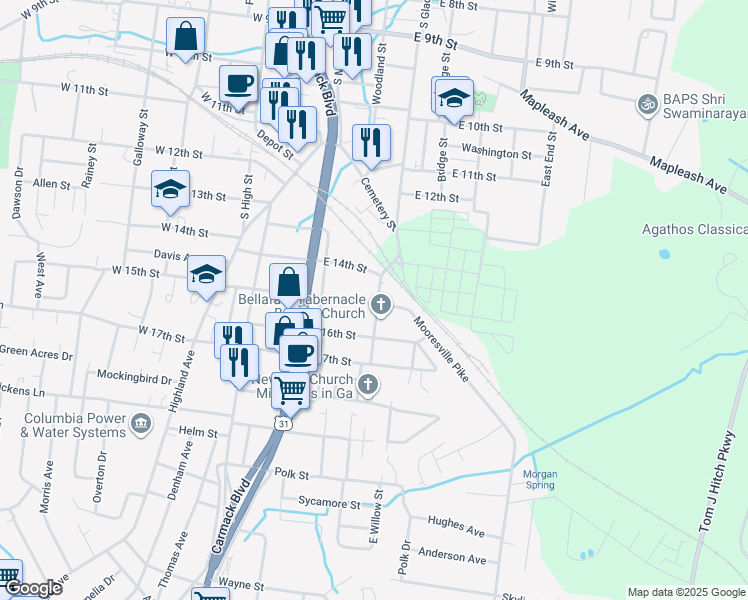 map of restaurants, bars, coffee shops, grocery stores, and more near 1512 Whatley Street in Columbia