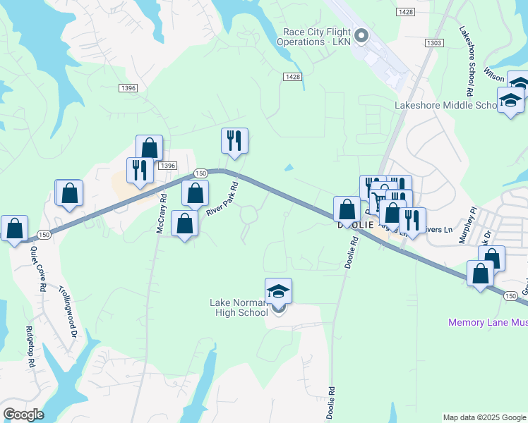 map of restaurants, bars, coffee shops, grocery stores, and more near 115 Barington Drive in Mooresville