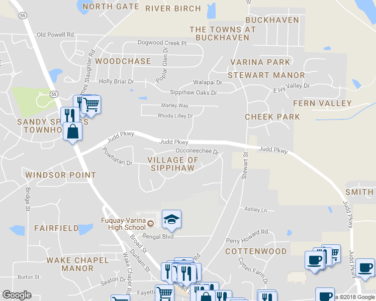 map of restaurants, bars, coffee shops, grocery stores, and more near 650 Occoneechee Drive in Fuquay Varina