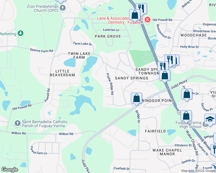 map of restaurants, bars, coffee shops, grocery stores, and more near 702 Edgeworth Court in Fuquay Varina