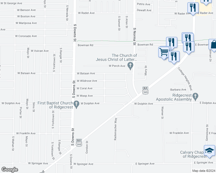 map of restaurants, bars, coffee shops, grocery stores, and more near 628 West Coral Avenue in Ridgecrest
